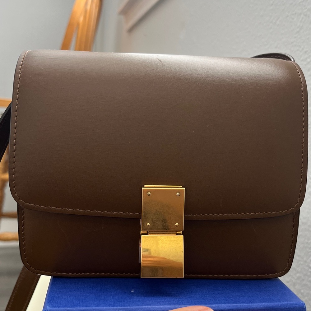 CELINE Smooth Calfskin Small Classic Box Flap Bag Camel
